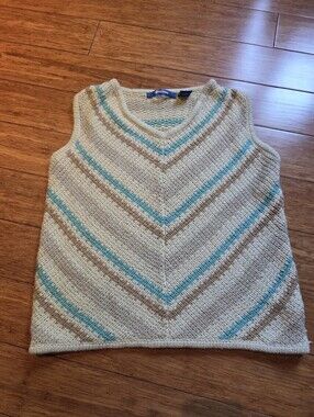 Vintage Nygård Sport Cotton Knit Sweater Vest Chevron Stripe Beige Aqua S